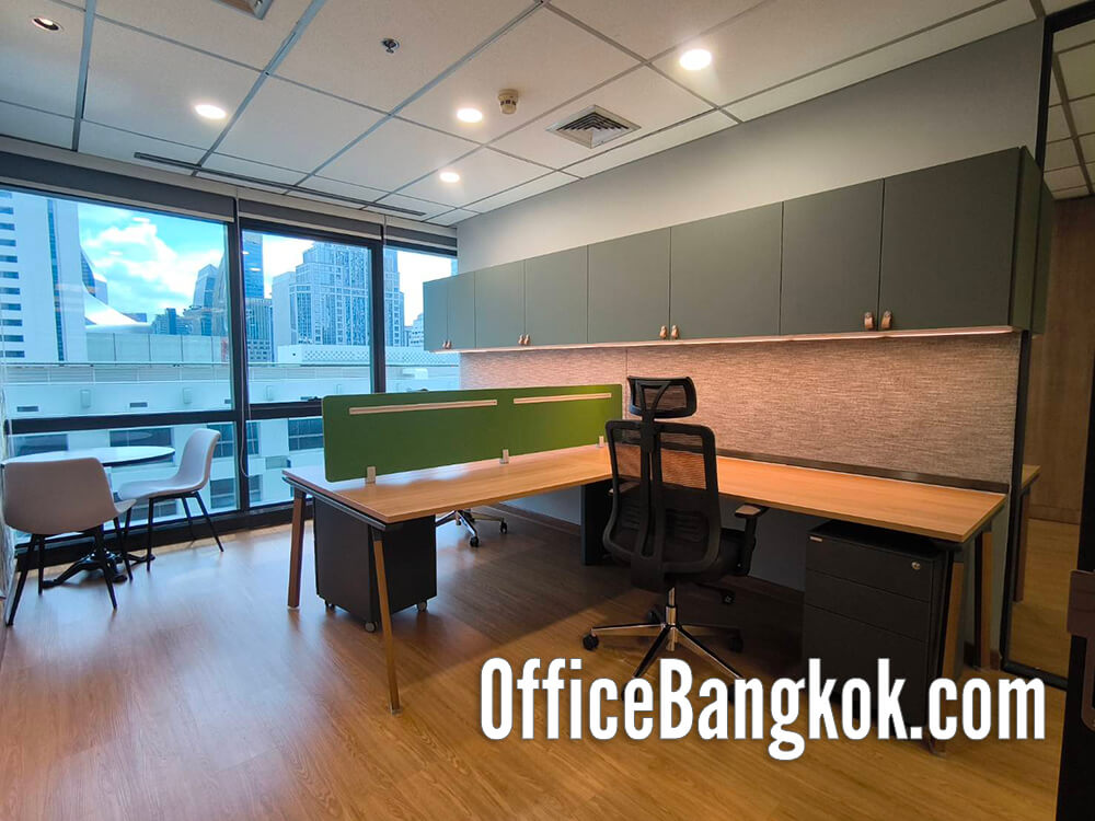 Fully-furnished, fitted office for rent (26 pax) in prime Chidlom area, Bangkok. 195 sqm workspace ready for immediate occupancy near BTS station. Rent starts at 212,000 THB/month. 