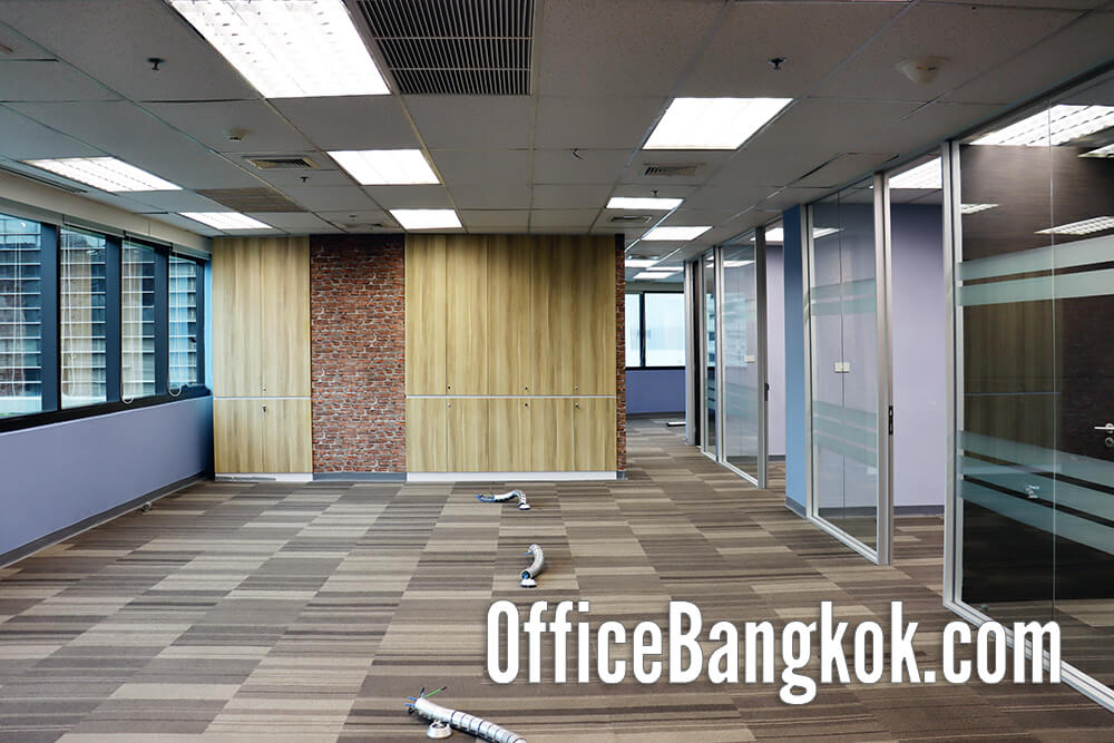 Spacious partly furnished office for rent near BTS Chidlom, featuring natural light, private meeting rooms, and a professional working atmosphere.