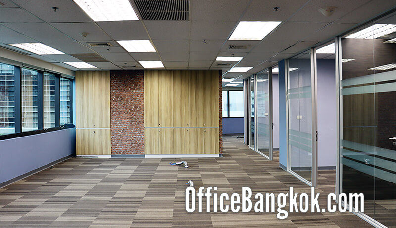 Spacious partly furnished office for rent near BTS Chidlom, featuring natural light, private meeting rooms, and a professional working atmosphere.